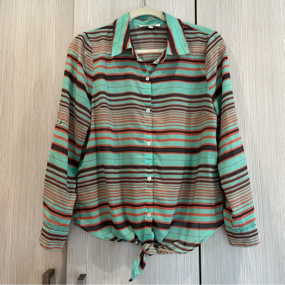 VINTAGE Daniel Rainn | Sheer‎ Tie Front Blouse | Mint & Orange Stripes | Medium